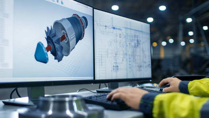 重工业工厂内的女工业工程师使用 Cad 程序在3d 涡轮/发动机项目中的个人电脑上工作